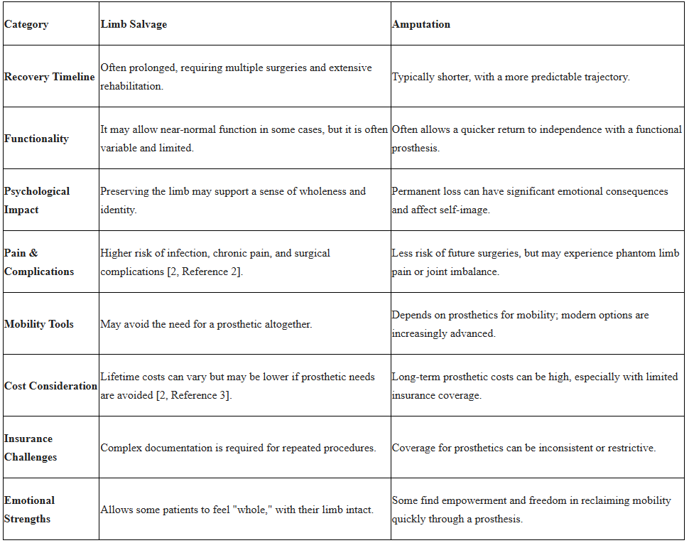 A table comparing the advantages and disadvantages of limb salvage versus amputation across various medical and life factors.
