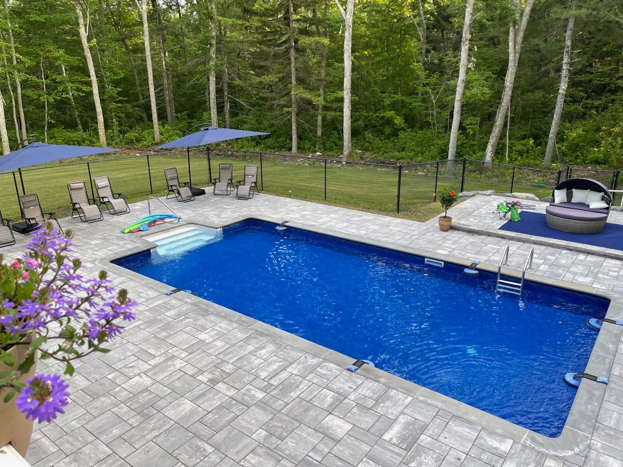 A large swimming pool surrounded by chairs and umbrellas in a backyard.