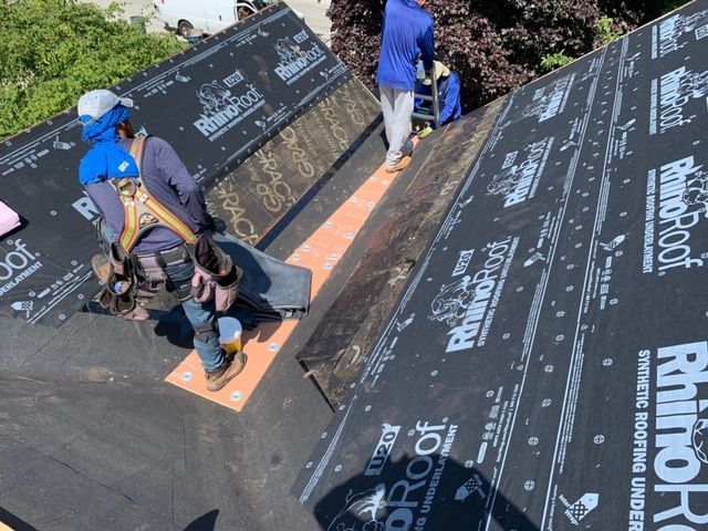 A group of people are working on a roof with rhino roof