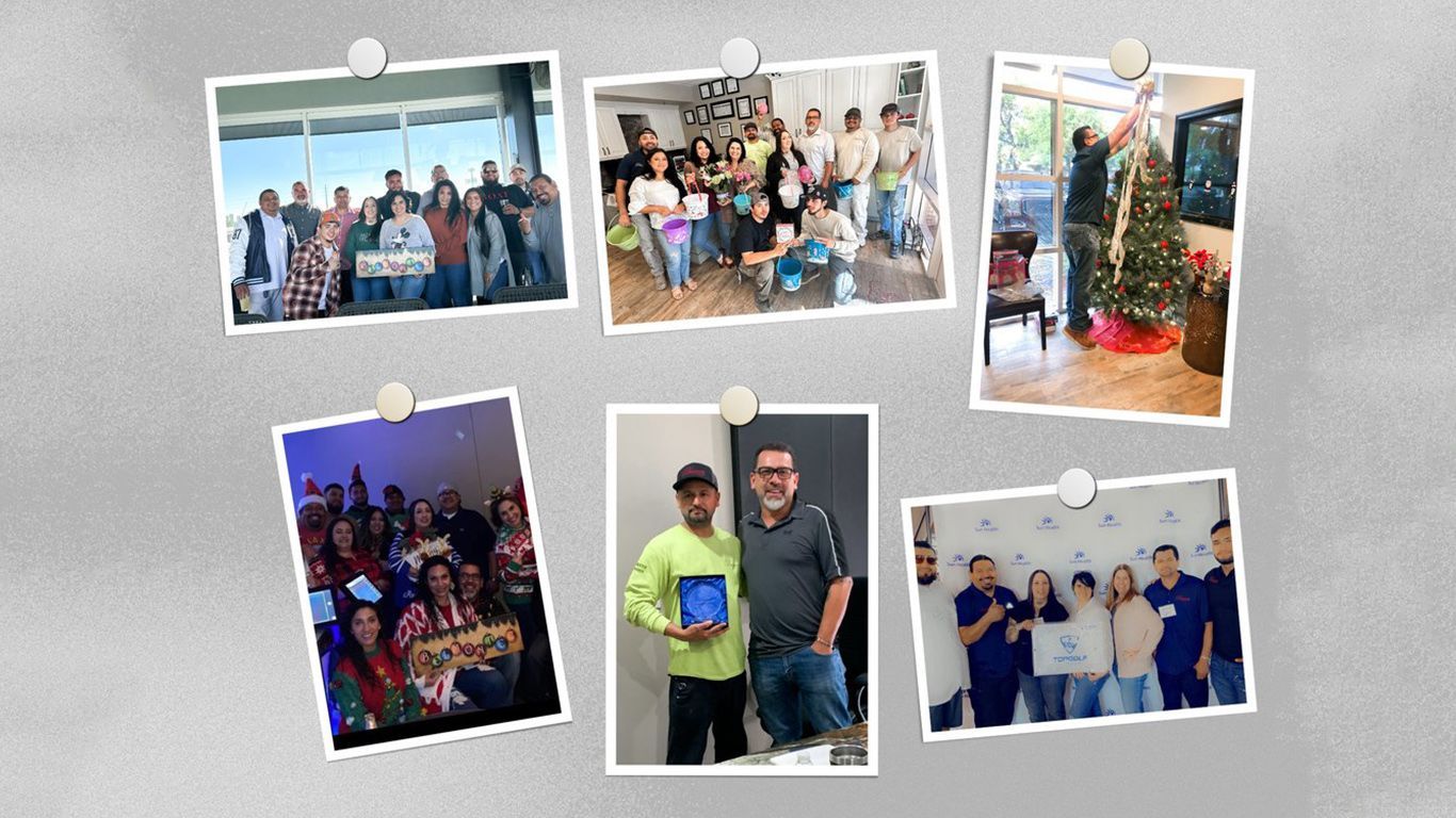 A collage of photos of people hanging on a wall.