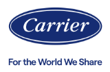 Carrier logo with “For the World We Share” slogan on a blue-and-white background