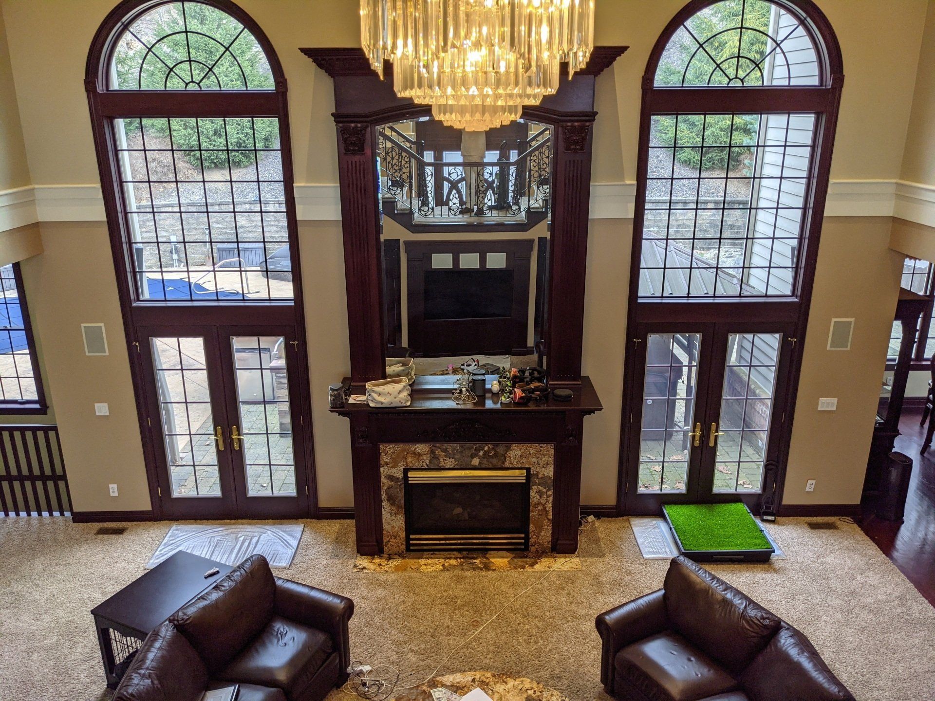 Fireplace between two doors