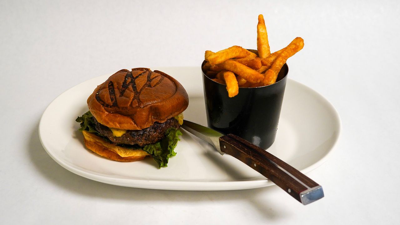 Hamburger with fries on a plate. Burger on a bun with cheese, lettuce. Fries in a black cup.