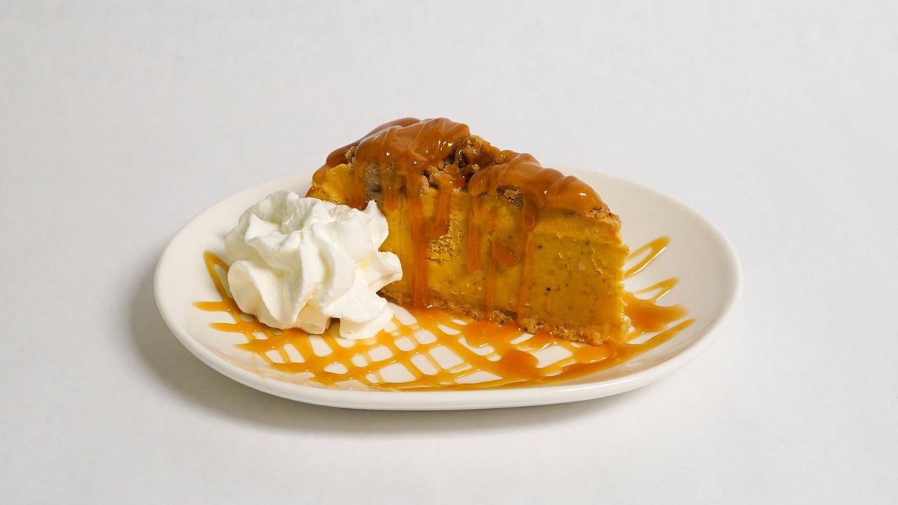 Slice of cake with caramel sauce and whipped cream on a plate.