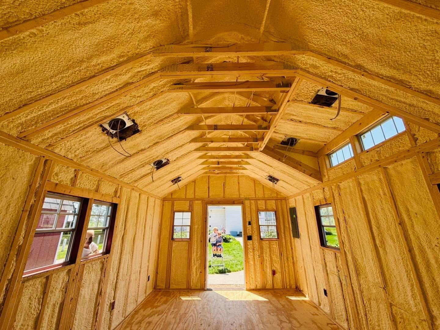Interior of an unfinished wooden shed with exposed framing, windows, and open doorway to outside