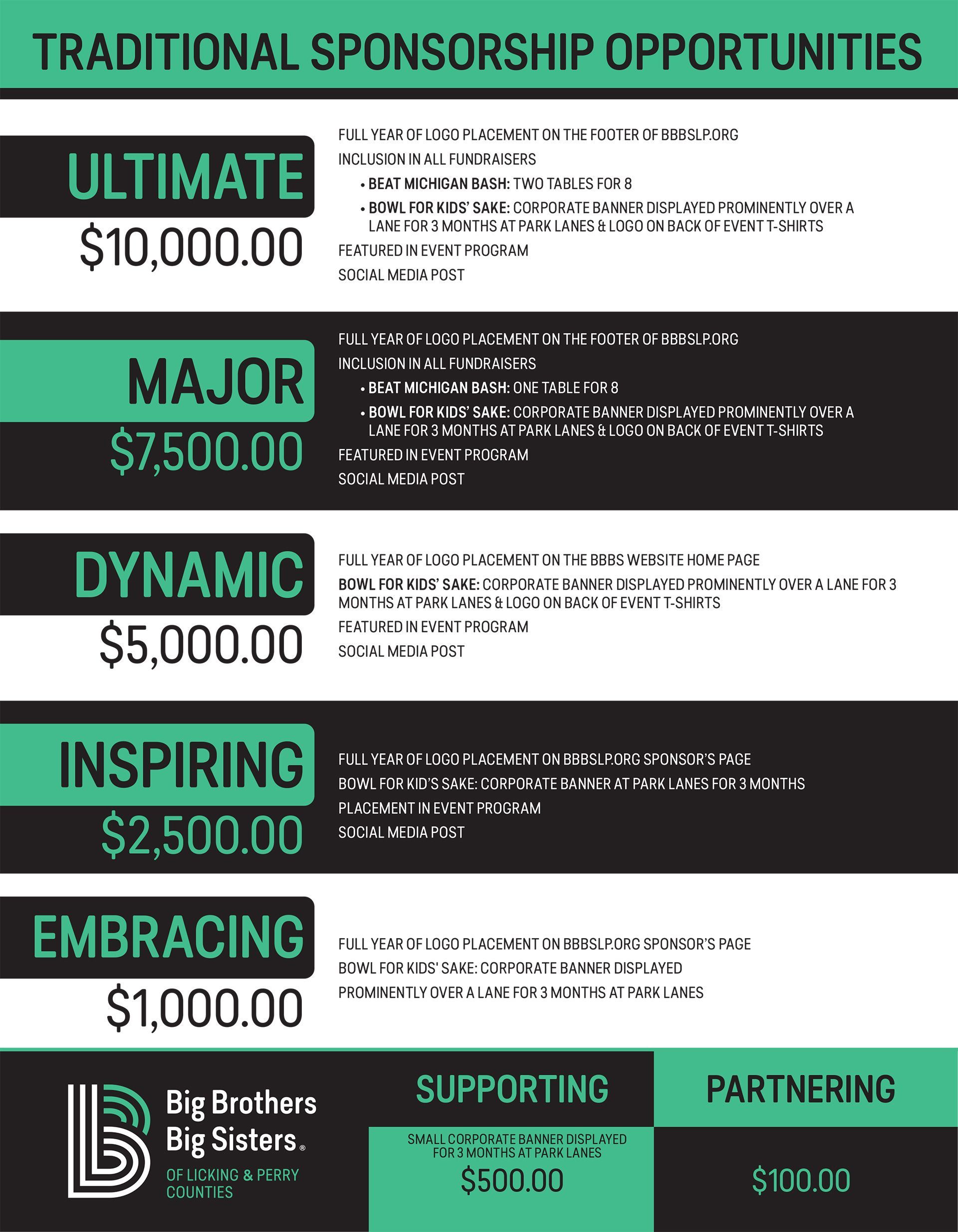 Become a sponsor: Traditional sponsorship opportunities - ultimate, major, dynamic, inspiring, and embracing categories.