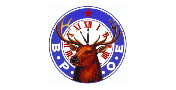 Elks emblem with a deer, clock, and blue ring with B.P.O.E. and a red star.
