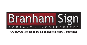 Branham Sign logo: white text on a red and black rectangular background, website address below.