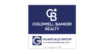Coldwell Banker Realty sign with Guanciale Group logo and website. Blue and white.