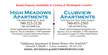 Rental property ad. Lists High Meadows and Clubview apartments in Ohio with contact information.