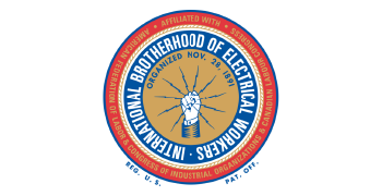 IBEW logo: blue and gold circle with text and a raised fist holding lightning bolts.