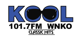 Logo for KOOL 101.7FM radio station. Blue text and sunglasses graphic, KOOL, Classic Hits, station call letters and frequency.