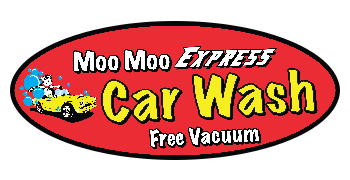 Moo Moo Express Car Wash logo with a cartoon car being washed, red and yellow text, and a cow-like figure.