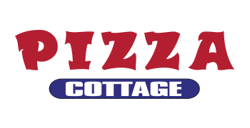 Pizza Cottage logo: Red PIZZA above blue oval with white COTTAGE text.