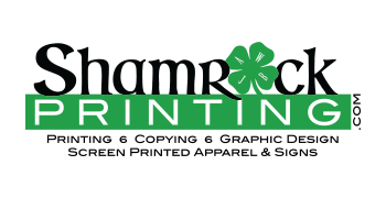 Shamrock Printing logo with green text on white. The logo features a shamrock and the services they offer.