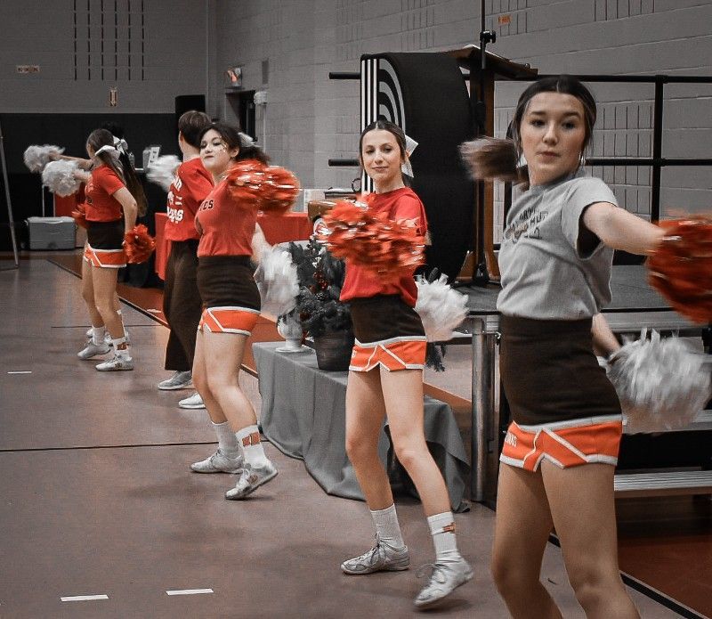 A group of cheerleaders are holding pom poms in a gym