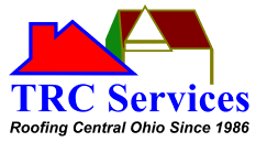 TRC Services logo with red-roof house graphic and tagline &ldquo;Roofing Central Ohio Since 1986&rdquo;