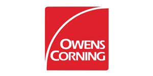 Owens Corning logo in white on a red square with a curved white stripe