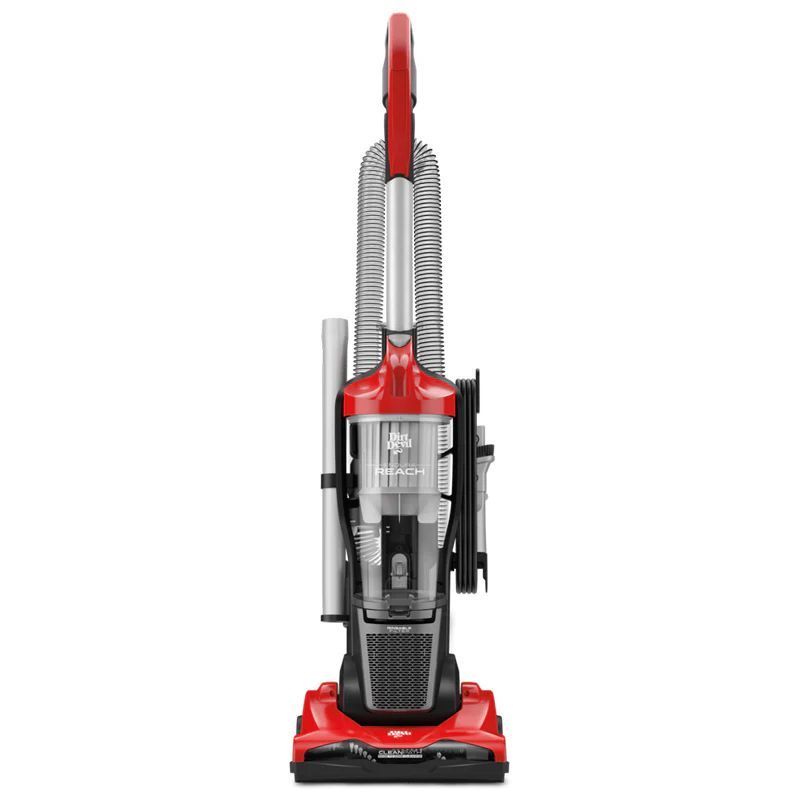 Red and gray upright vacuum cleaner on a white background