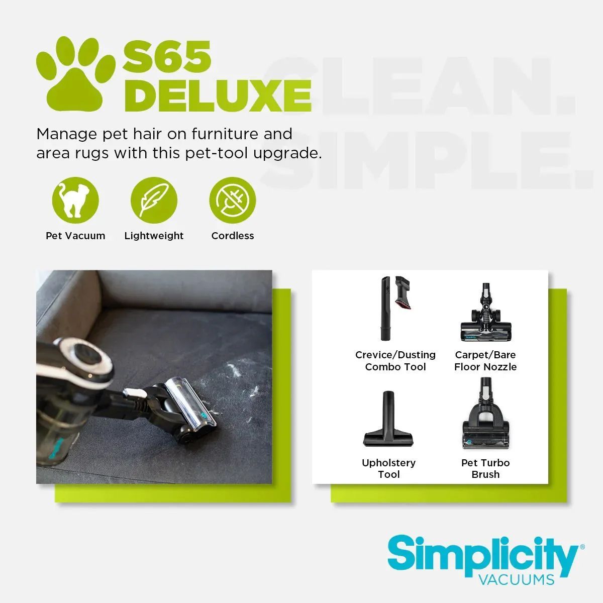 S65 Deluxe pet vacuum with attachments, green-and-white promo showing a vacuum nozzle on a seat
