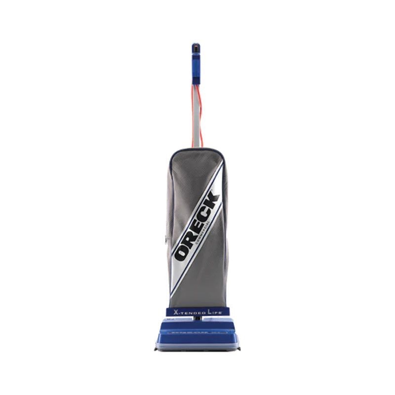 Blue upright vacuum cleaner with silver bag and orange handle on a white background