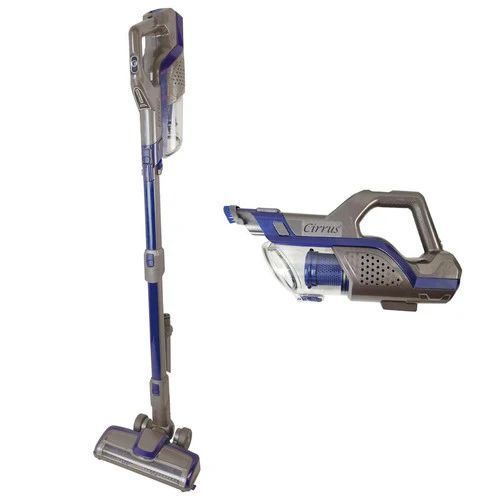 Cordless stick vacuum cleaner with detachable handheld unit, shown upright and in close-up on white background