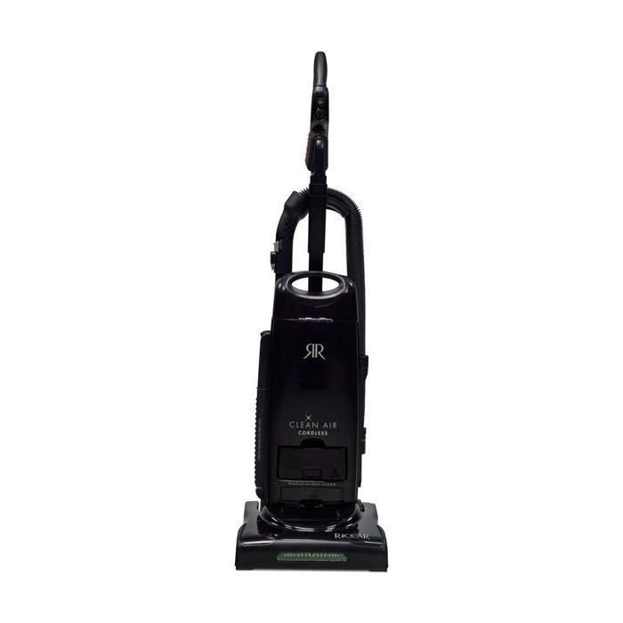 Black upright vacuum cleaner with a bag on a white background
