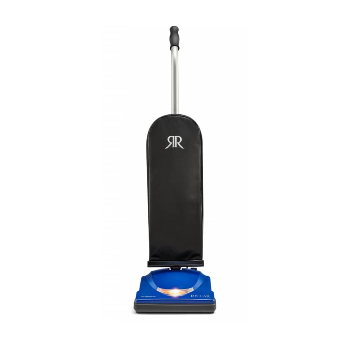 Black upright vacuum cleaner with blue base and silver handle on a white background