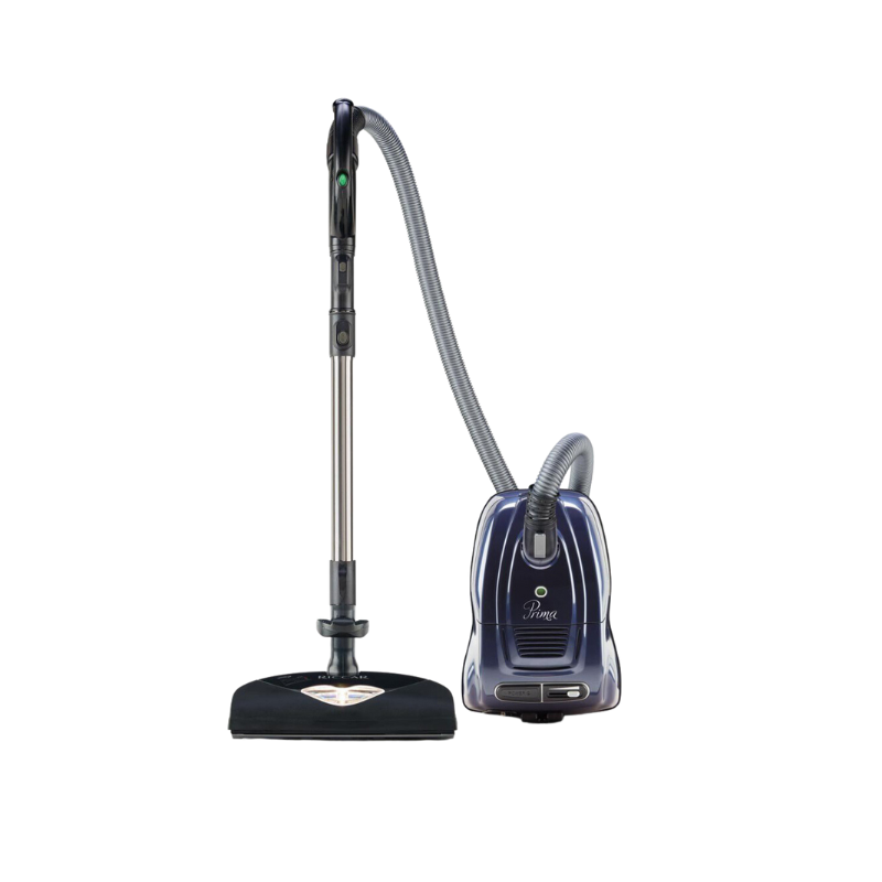 Upright vacuum cleaner with hose and canister, black and silver on white background