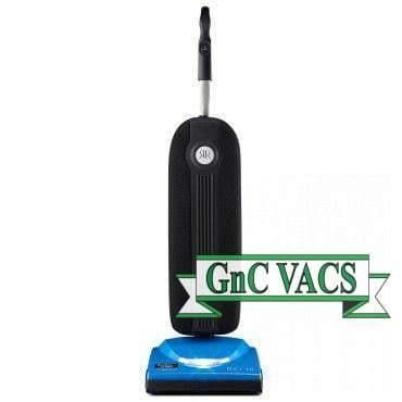 Black upright vacuum cleaner with blue base.