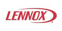 Lennox logo in red text with a red curved line around it on a white background.