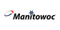 Logo for Manitowoc with the company name in black text, a blue and red arc, and a blue asterisk symbol.