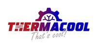 Logo for Thermacool with a gear and a stylized snowflake. Red and blue text, saying 