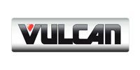 Vulcan logo in a silver rectangle, black text, red triangle.