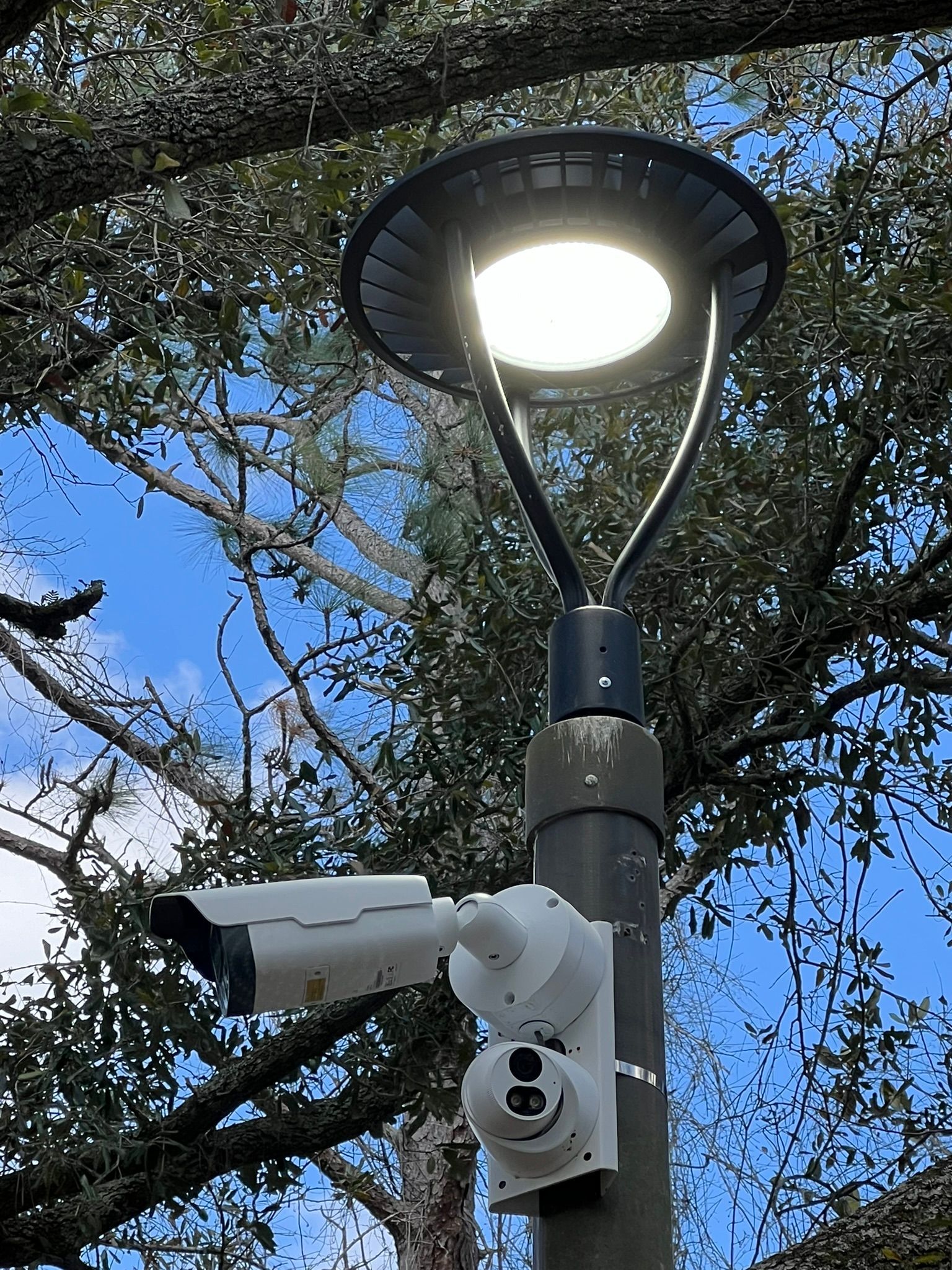 Security cameras on a gray pole beneath a modern streetlight, against a background of trees and blue sky.