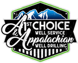 Logo for 1st Choice & Appalachian Well Service and Drilling; black, white, blue, and green with mountain image.