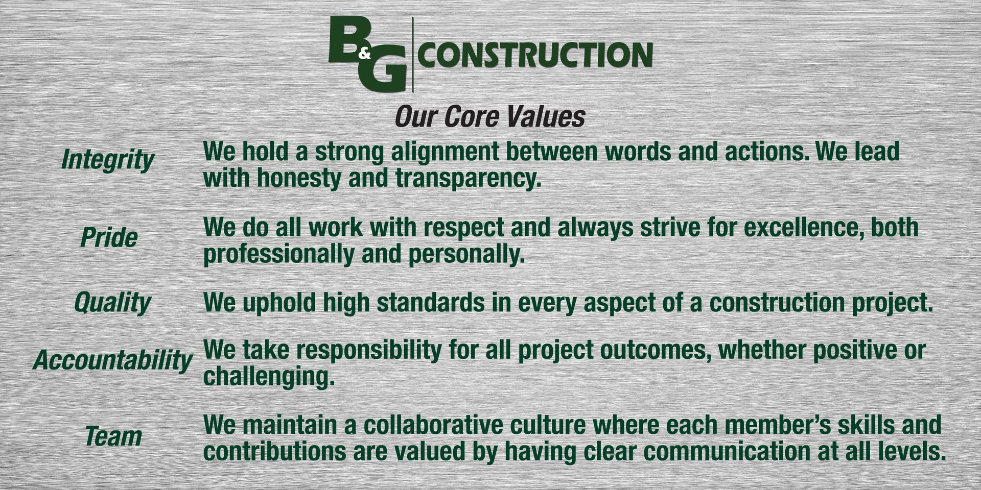 BG Construction's core values: integrity, pride, quality, accountability, and teamwork, listed with descriptions on a wood-grain background.
