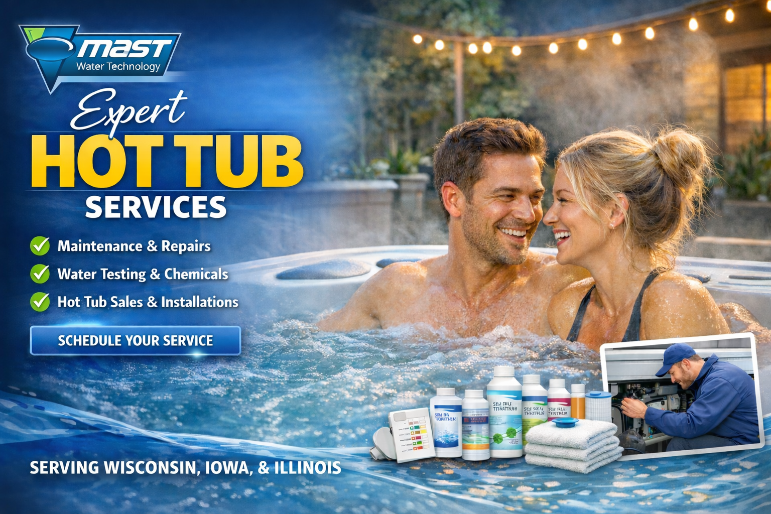 Couple in a hot tub, advertisement for expert hot tub services. Offers maintenance, water testing, and sales. Serving Wisconsin, Iowa, & Illinois.