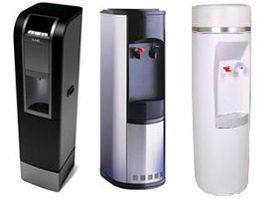 Three water dispensers are lined up next to each other on a white background.