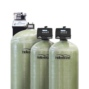 Three green water tanks are sitting next to each other on a white background.