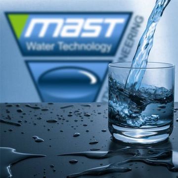 A glass of water is being poured in front of a mast water technology logo.