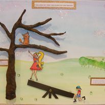 child art of orange kitten in a treen with girl standing on seesaw and boy holding it steady