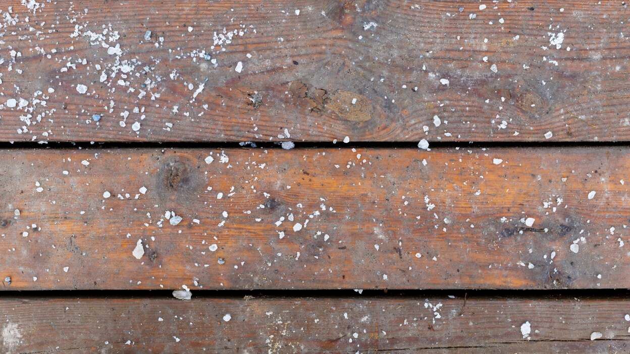 Brown wooden deck with scattered white, crystalline deposits.