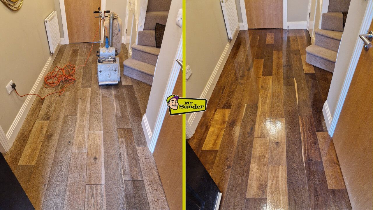 Before and after of hardwood floor restoration.
