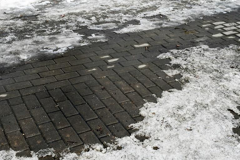 Brick pathway partially covered in melting snow.