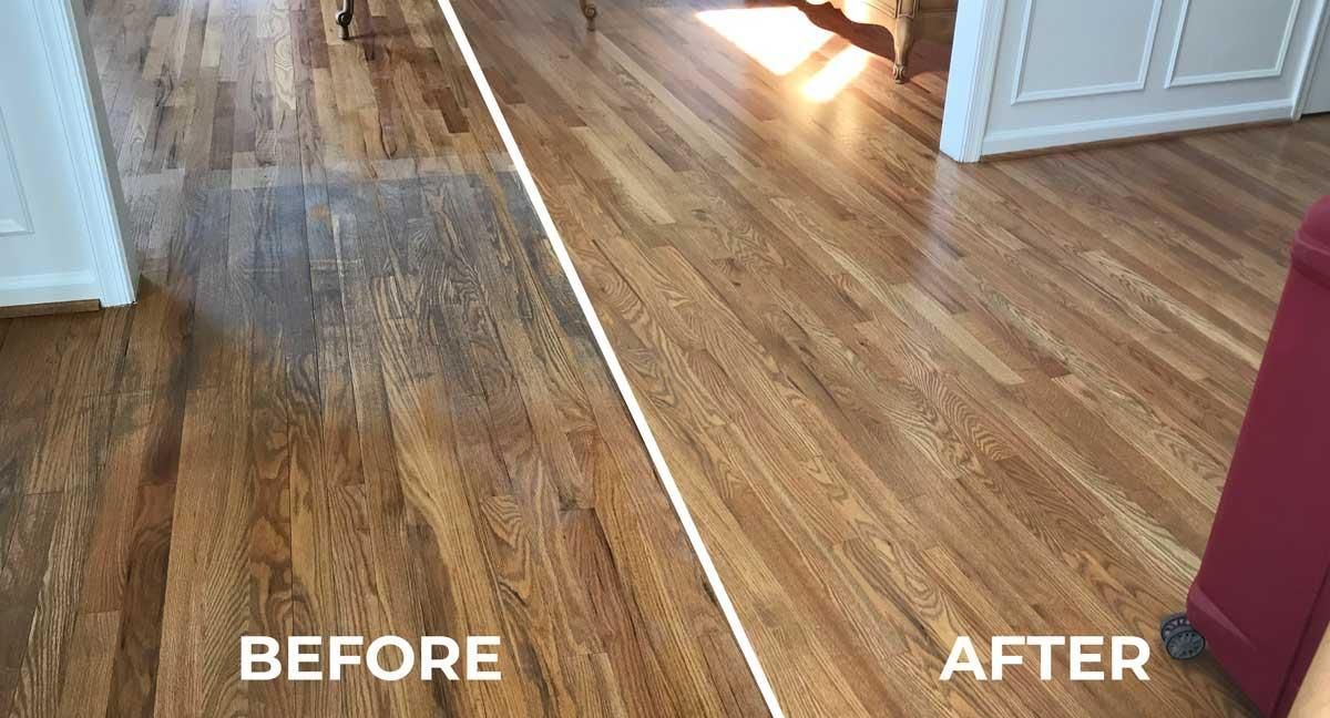 Hardwood floor before and after cleaning.