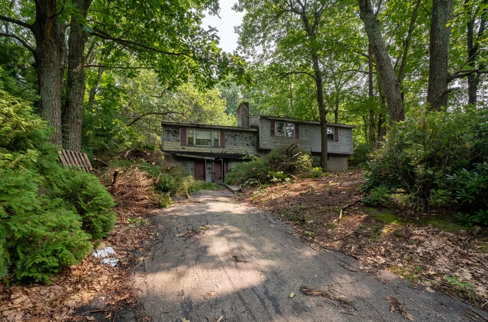 A house is sitting on top of a hill in the middle of a forest.