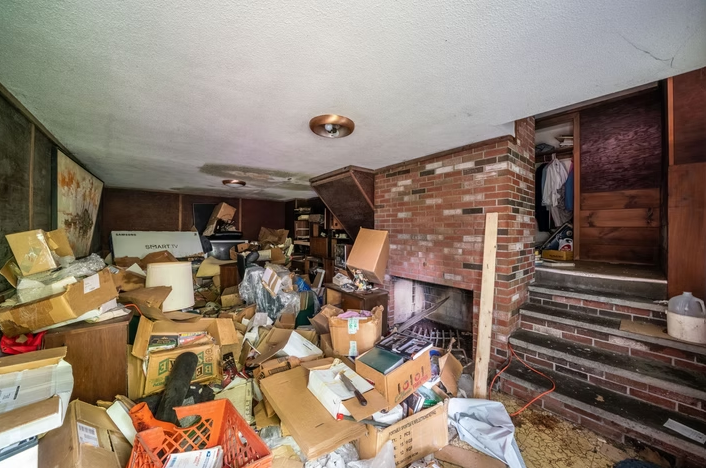 A living room filled with lots of boxes and a fireplace.