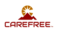 Logo with a mountain in front of a sunburst; the word CAREFREE in red.
