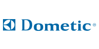 Dometic logo: Blue square with an abstract design and the word 